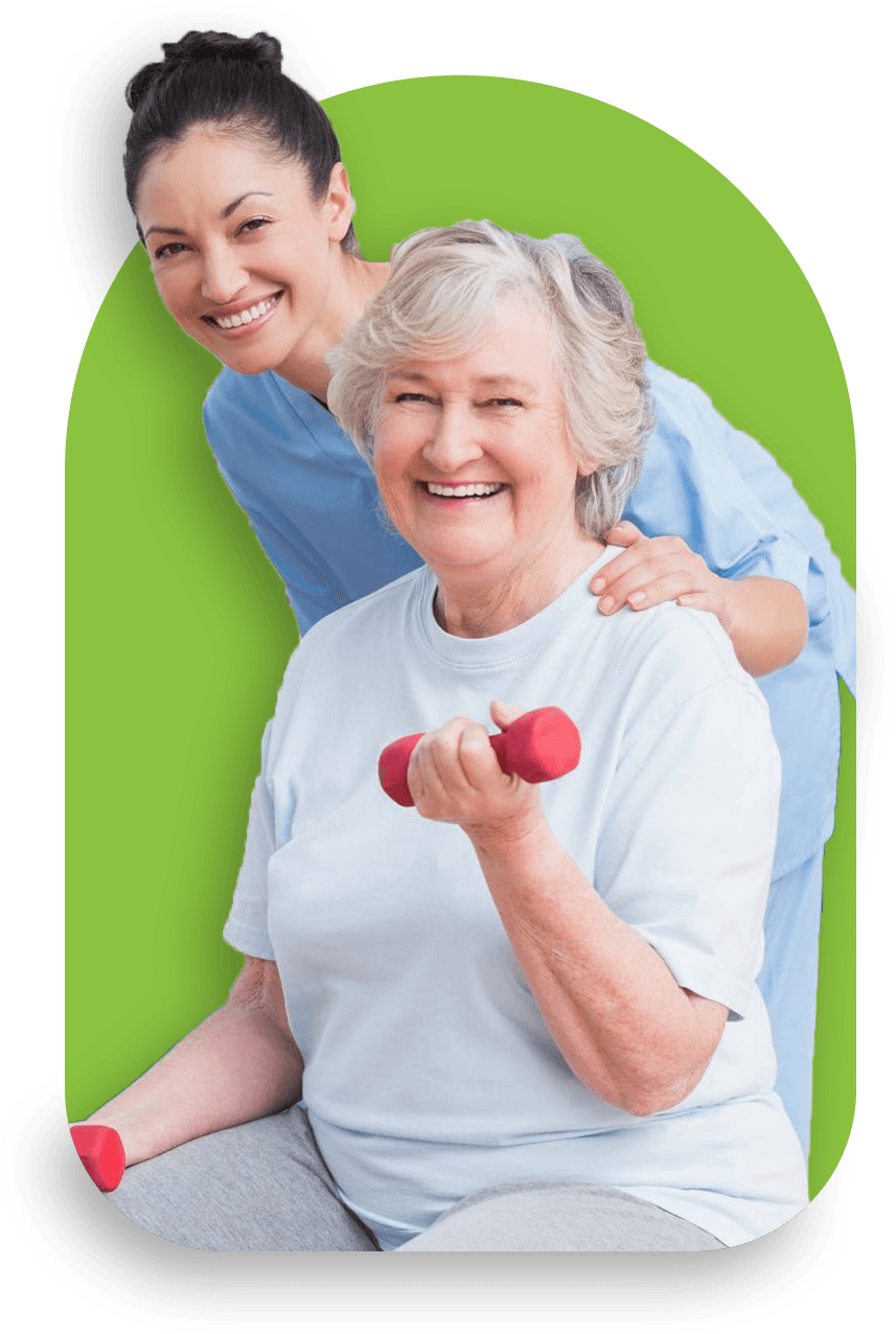 Smiling professional assisting a senior client using light weights