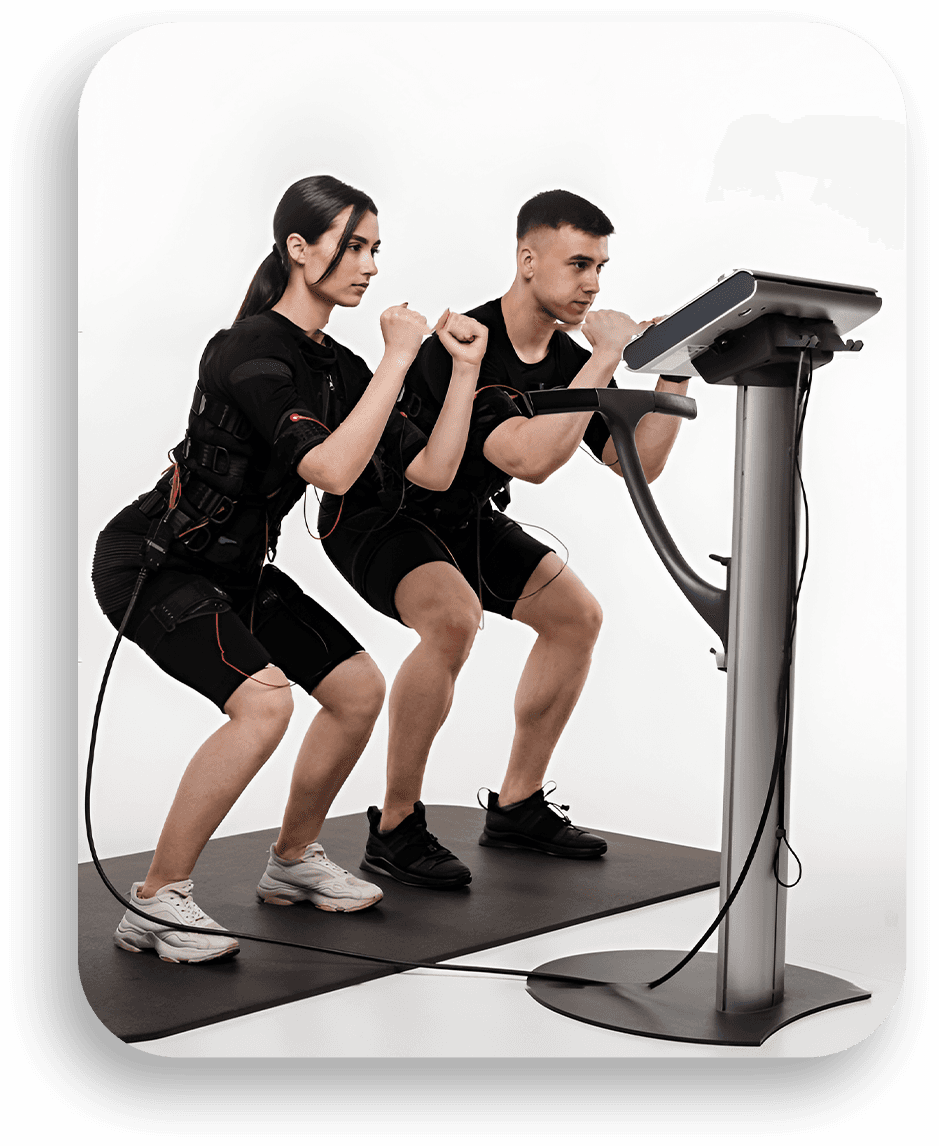 EMS training — two athletes performing guided squats